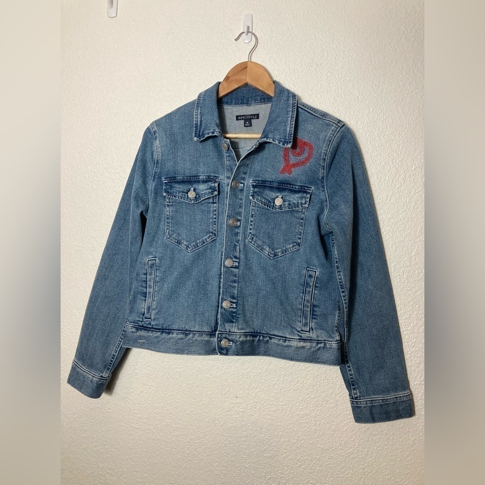 J Crew Mercantile denim jacket coat red heart accent stitching Medium